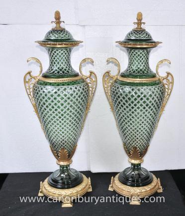 Pair Empire Glass Vases French Amphora Urns